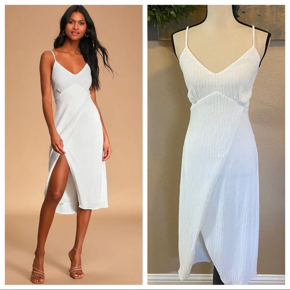 NWOT Lulus View and I White Tie-Back Faux-Wrap Midi Dress
